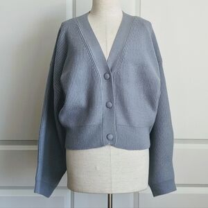 7 For All Mankind Cardigan Sweater Cropped Button Front V-Neck French Blue L NWT